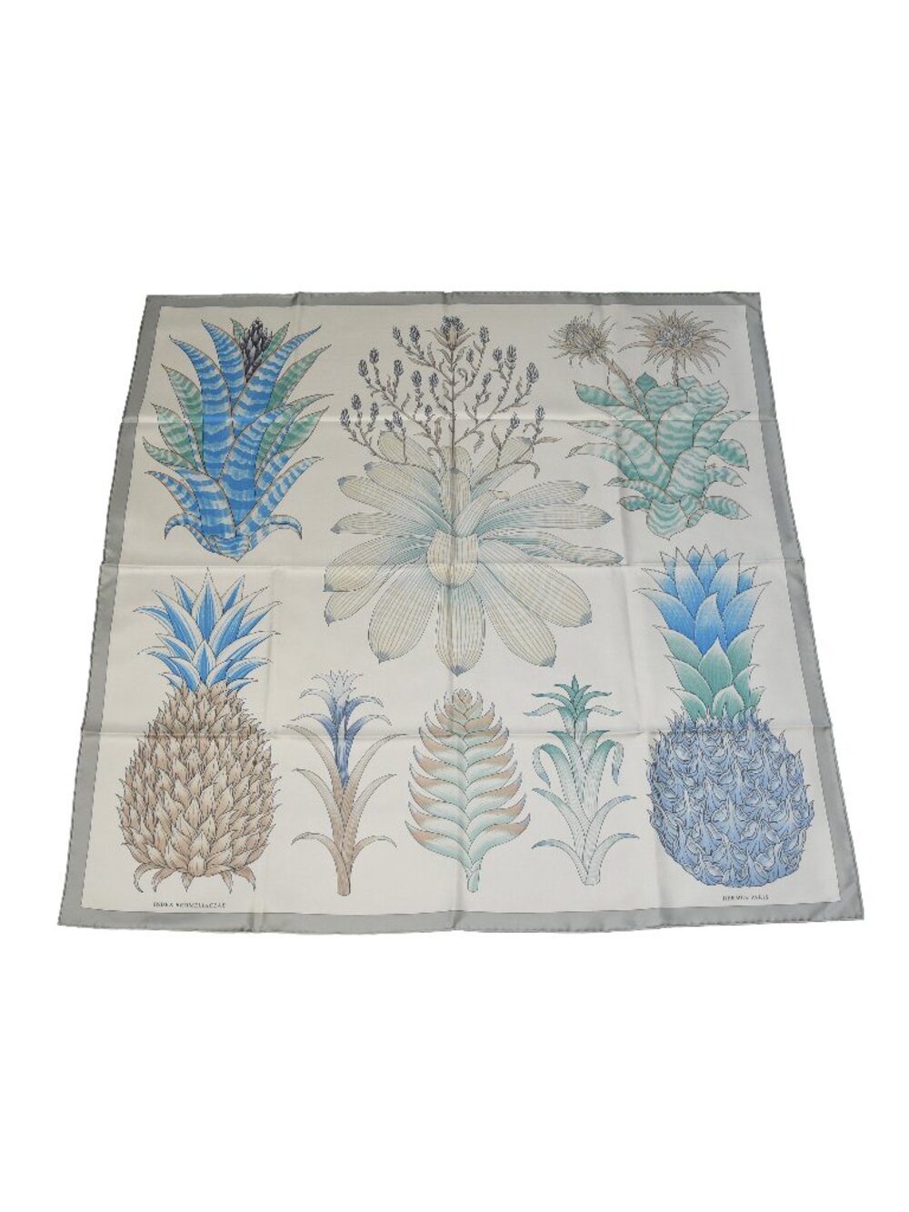 Hermes Index Bromeliaceae Silk Square Scarf 90 Gris Argent Bleu Vert Amande